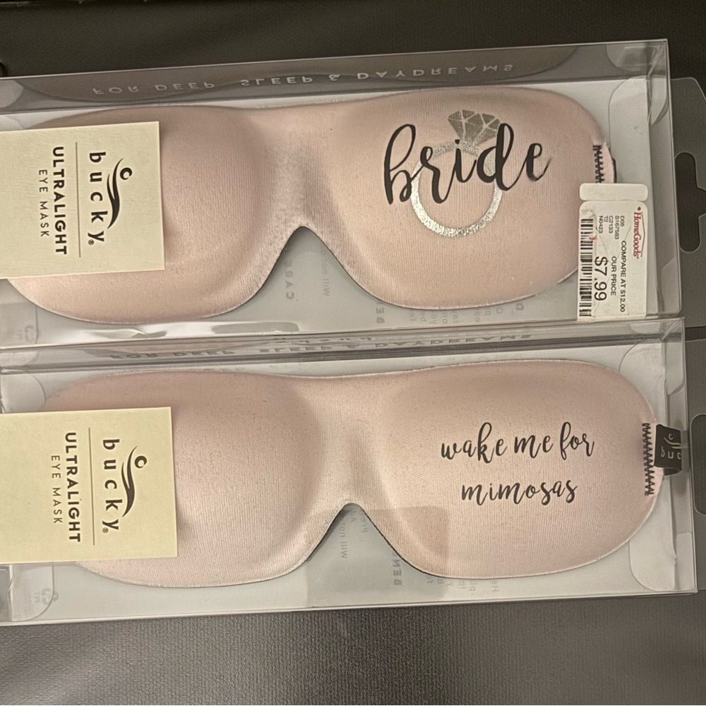 Ultralight Eye Mask Set, blush pink. “Bride” “Wake me for Mimosas”. Homegoods.